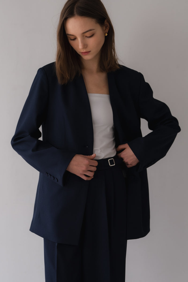 専用ぺーじ。 regleam ノーカラージャケット M ネイビー ノーカラーシングルジャケット｜NO-COLLAR SINGLE JACKETの通販｜regleam
