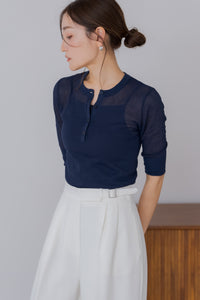 【5月12日(月)20:00〜 販売開始】五分袖ヘンリーシアーニット｜HALF SLEEVE HENLEY SHEER KNIT