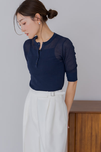 【5月12日(月)20:00〜 販売開始】五分袖ヘンリーシアーニット｜HALF SLEEVE HENLEY SHEER KNIT