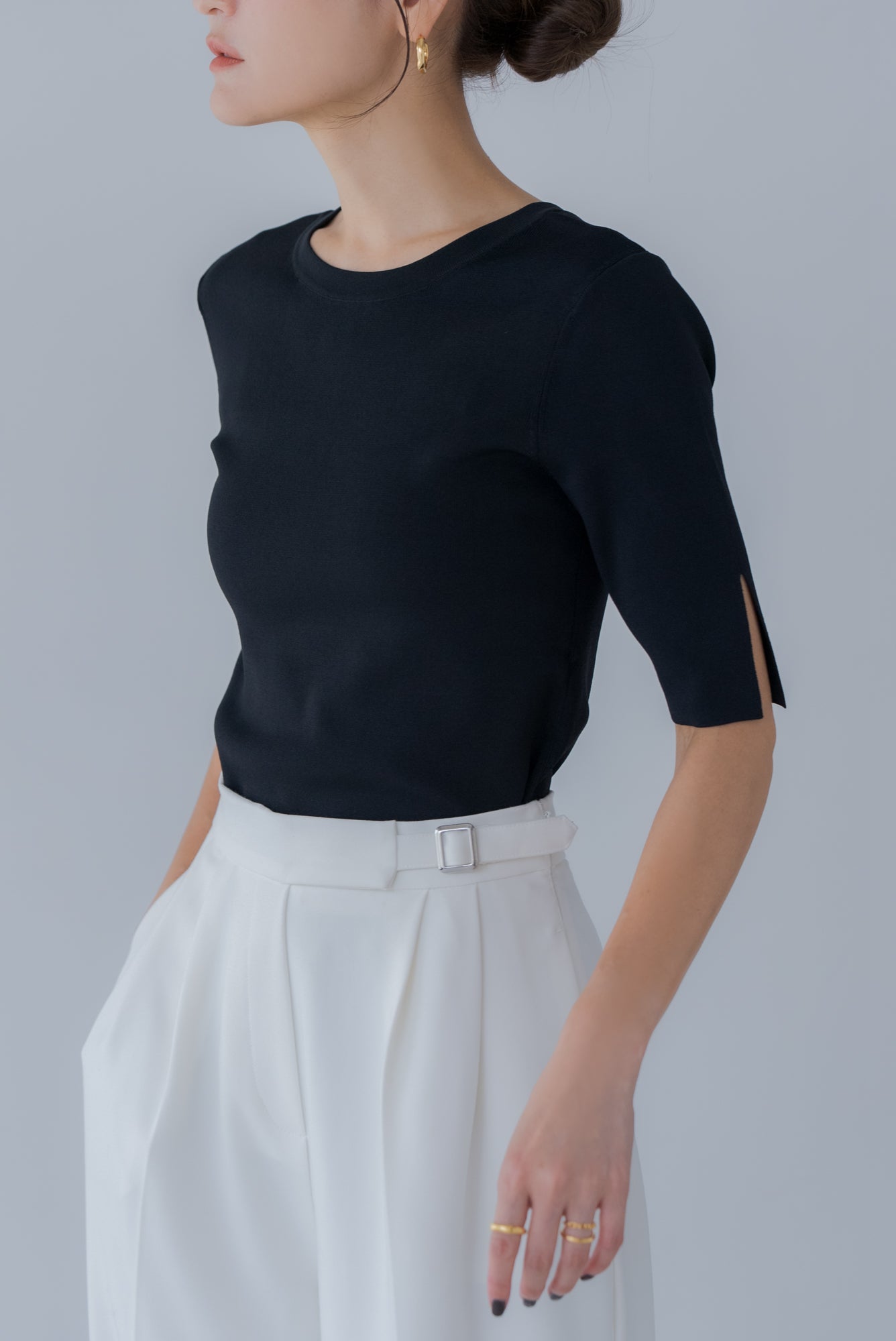 【新品未使用】regleam リグリーム　５分袖シアーニット　ブラック 五分袖ヘンリーシアーニット｜HALF SLEEVE HENLEY SHEER KNITの